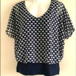 Cabi Blue White Elephant Parade Short Sleeve Blouse size small
